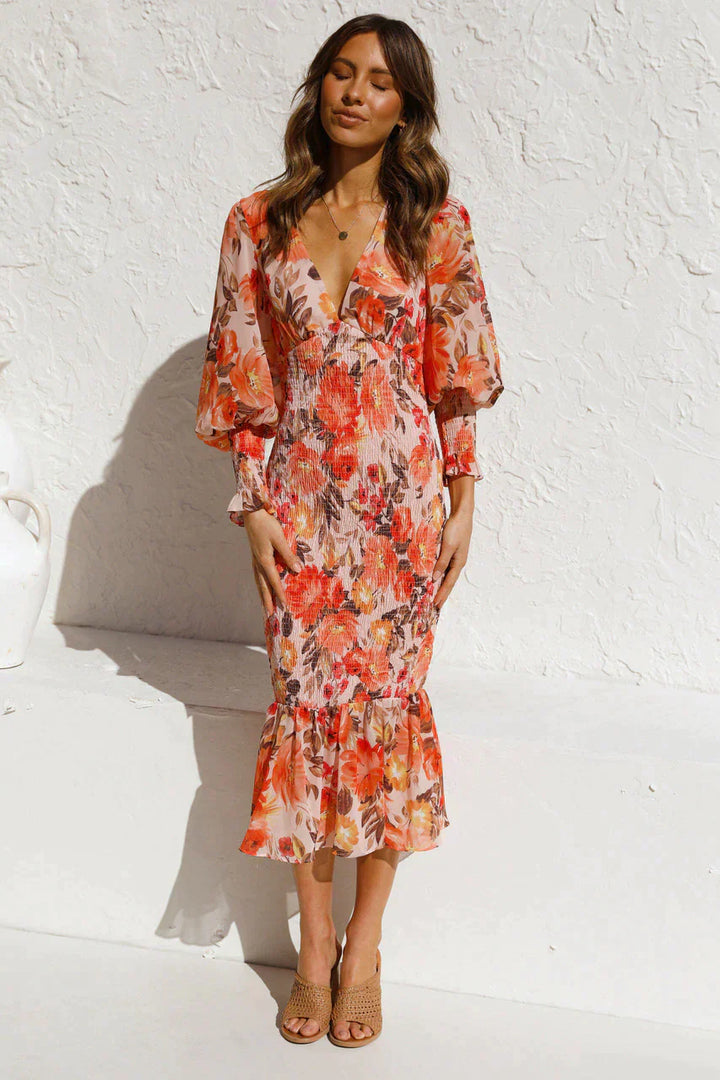 Robe Midi Fleurie Femme – Manches Longues Bouffantes, Taille Smockée et Bas Volanté
