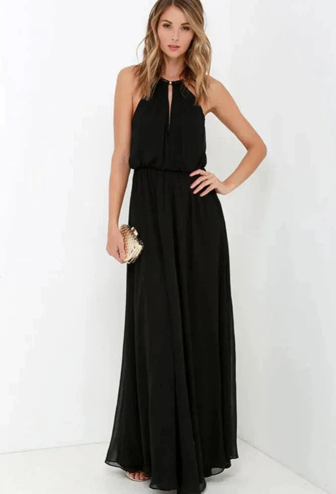 Robe Longue Plissée Femme – Dos Nu Élégant et Col Halter