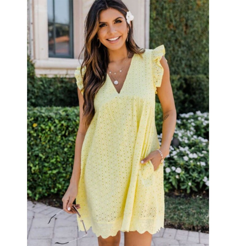 Robe Courte Brodée Femme – Détails à Volants & Motif Ajourné – Style Estival Décontracté