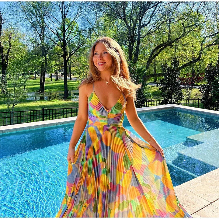 Robe Longue Plissée Femme – Bretelles Fines & Décolleté Plongeant – Robe de Vacances Élégante et Colorée