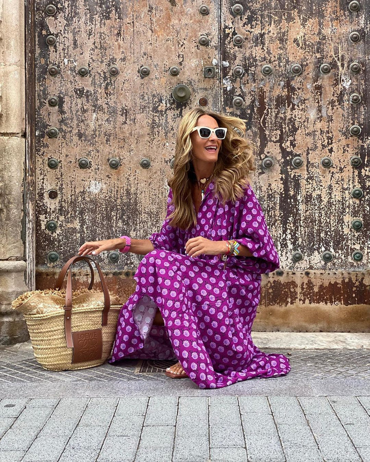 Robe Longue Bohème Femme – Décolleté V & Motif Imprimé Estival