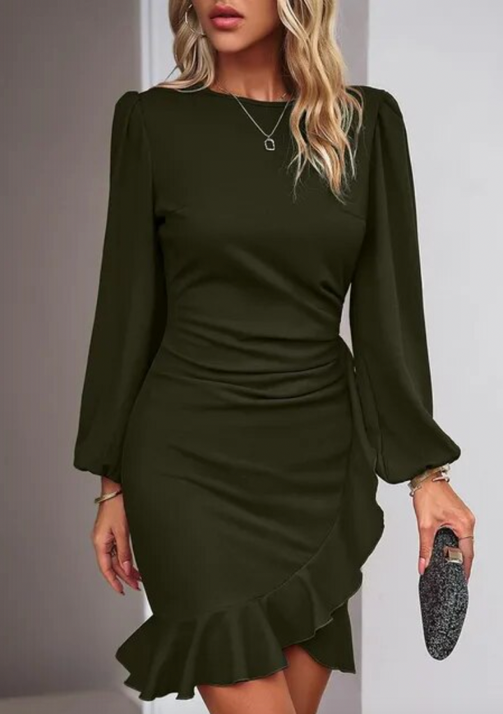Robe Élégante à Manches Longues et Volants – Tenue Parfaite pour Automne, Soirée ou Bureau Chic