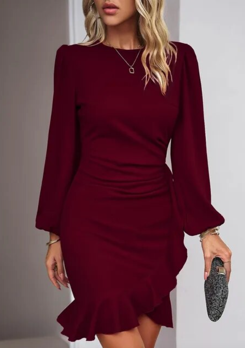 Robe Élégante à Manches Longues et Volants – Tenue Parfaite pour Automne, Soirée ou Bureau Chic