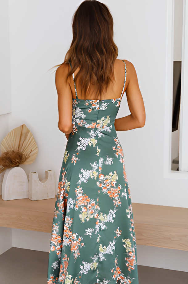 Robe Longue Fendue Bohème Femme – Dos Ouvert avec Nœud et Bretelles Fines