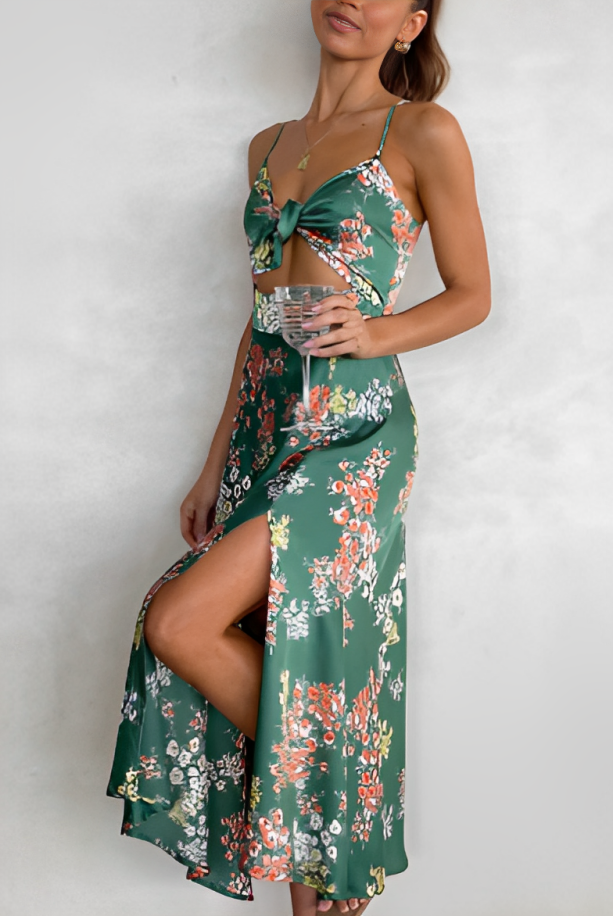 Robe Longue Fendue Bohème Femme – Dos Ouvert avec Nœud et Bretelles Fines