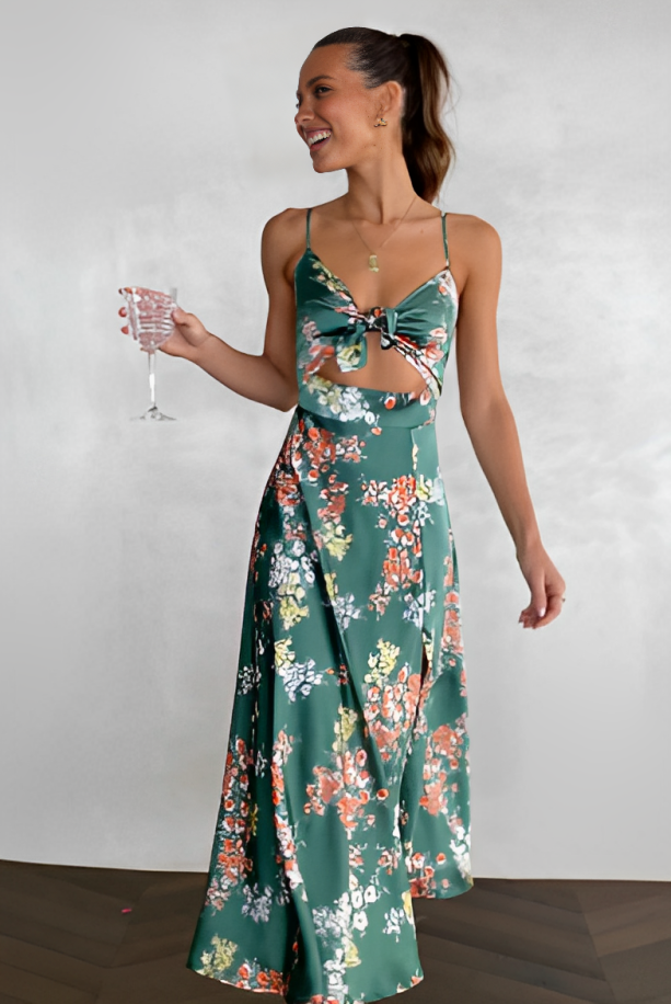 Robe Longue Fendue Bohème Femme – Dos Ouvert avec Nœud et Bretelles Fines