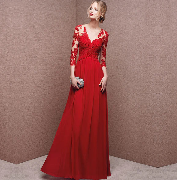 Elegantes Abendkleid mit langen Ärmeln und offenem Rücken für Damen | Maxi