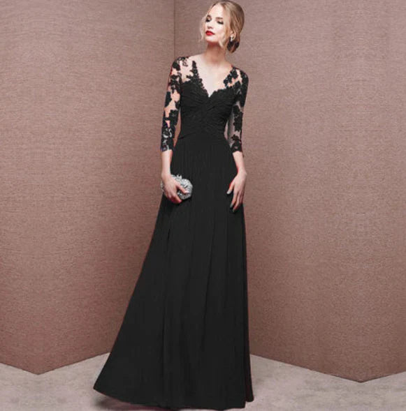 Elegantes Abendkleid mit langen Ärmeln und offenem Rücken für Damen | Maxi