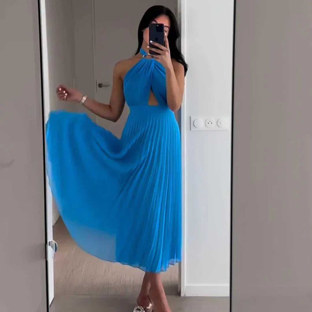 Robe Midi Plissée Femme – Col Halter Élégant & Détail Goutte – Look Chic pour Soirée ou Mariage