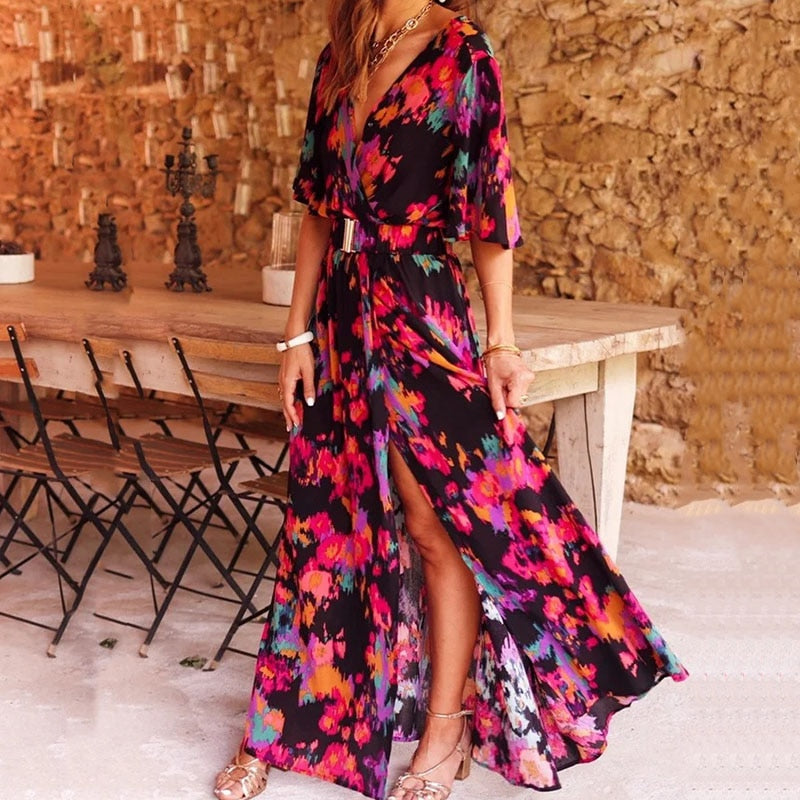 Robe Longue Fendue Femme – Imprimé Bohème, Manches Chauve-souris et Ceinture à Boucle