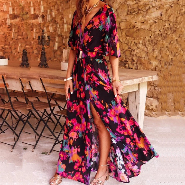 Robe Longue Fendue Femme – Imprimé Bohème, Manches Chauve-souris et Ceinture à Boucle