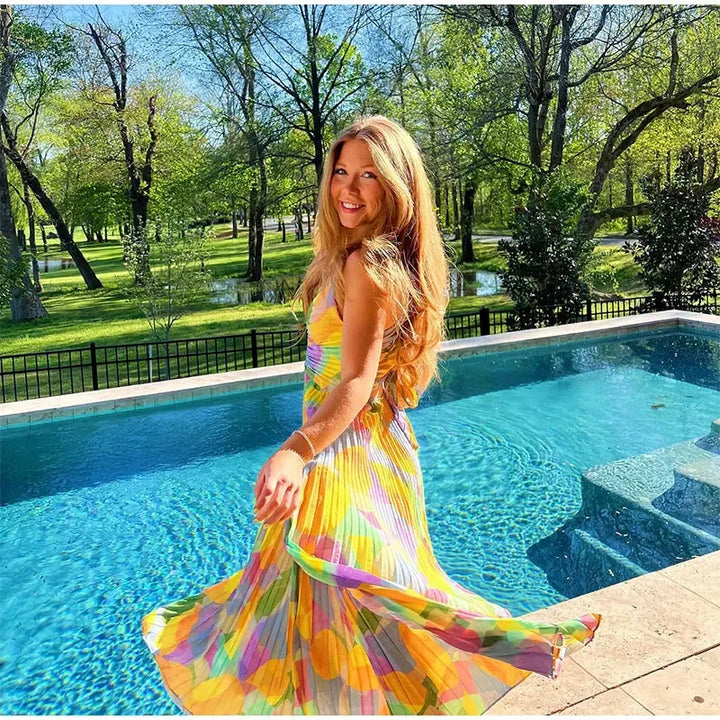 Robe Longue Plissée Femme – Bretelles Fines & Décolleté Plongeant – Robe de Vacances Élégante et Colorée