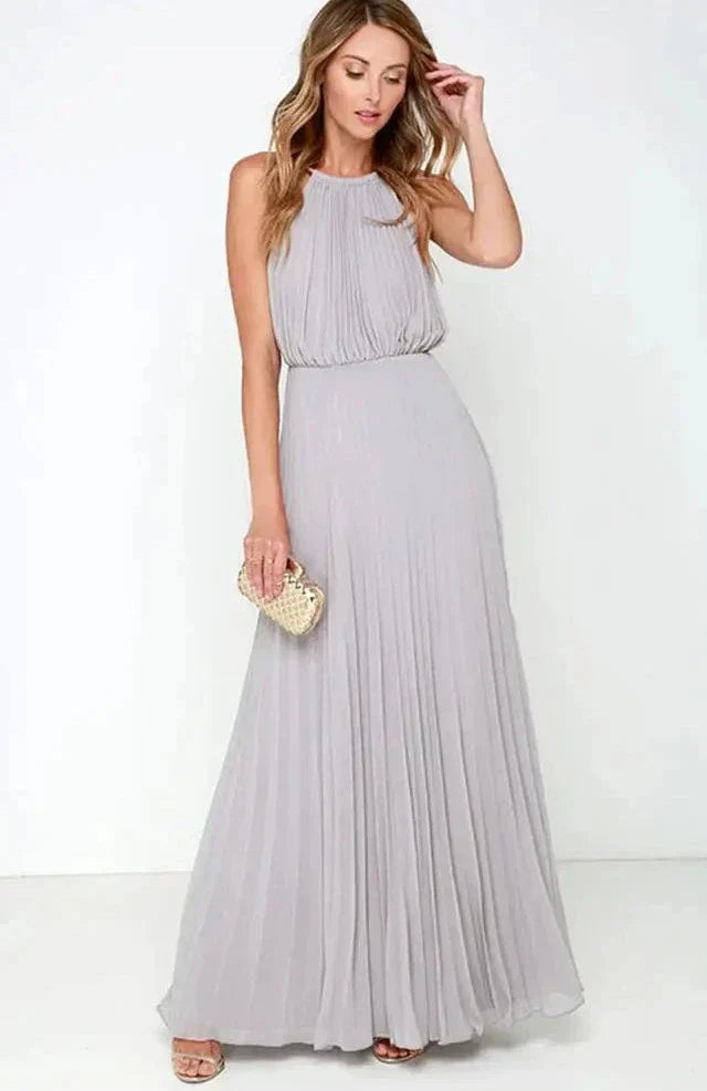 Robe Longue Plissée Femme – Dos Nu Élégant et Col Halter
