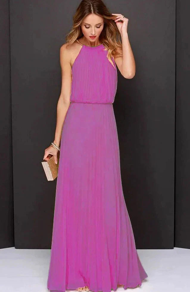 Robe Longue Plissée Femme – Dos Nu Élégant et Col Halter