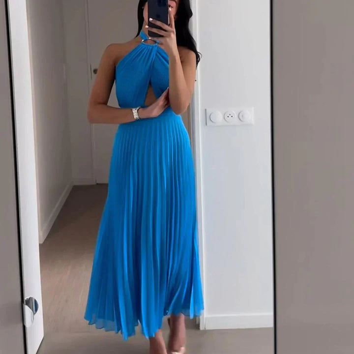 Robe Midi Plissée Femme – Col Halter Élégant & Détail Goutte – Look Chic pour Soirée ou Mariage