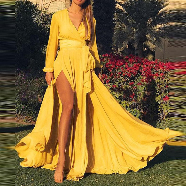 Robe Longue Fendue Élégante à Ceinture Taille Haute et Manches Longues Fluides
