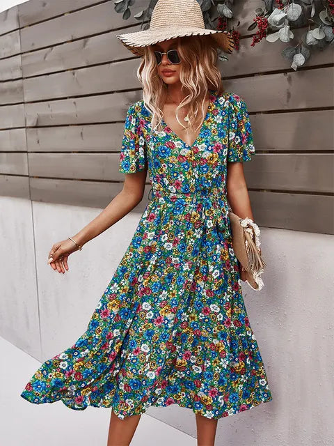 Robe Midi Fleurie Femme – Boutonnée & Manches Courtes – Parfaite pour Été, Brunchs et Vacances