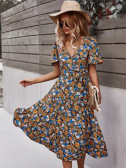 Robe Midi Fleurie Femme – Boutonnée & Manches Courtes – Parfaite pour Été, Brunchs et Vacances