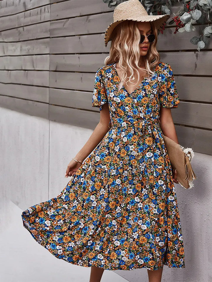 Robe Midi Fleurie Femme – Boutonnée & Manches Courtes – Parfaite pour Été, Brunchs et Vacances