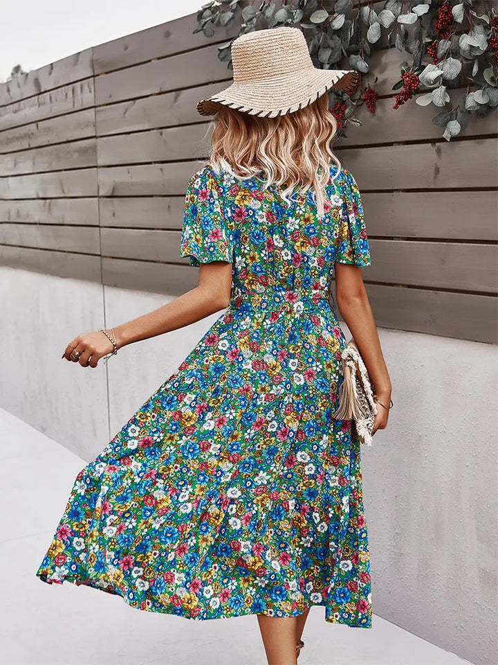 Robe Midi Fleurie Femme – Boutonnée & Manches Courtes – Parfaite pour Été, Brunchs et Vacances