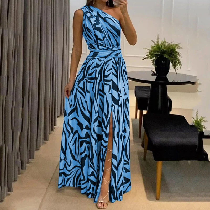 Robe Longue Asymétrique Femme – Épaule Unique & Fente Haute – Imprimé Animal Élégant pour Soirée ou Événement