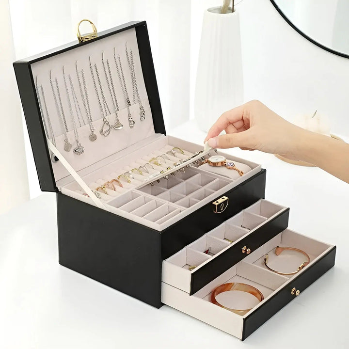 Luksusowe pudełko na biżuterię z wieloma warstwami – EleganceBox | Eleganckie przechowywanie biżuterii