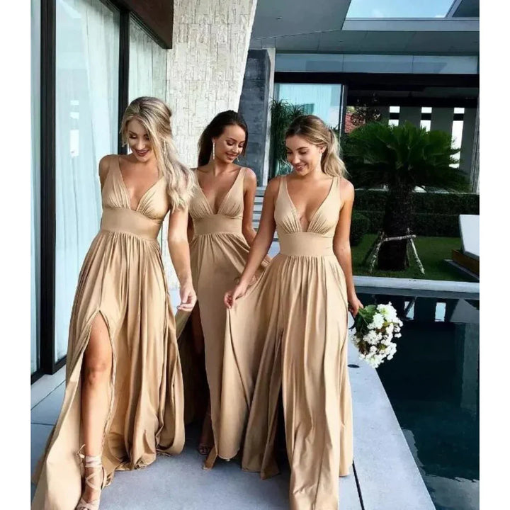 Elegantes Damenkleid mit V-Ausschnitt und Schlitz | Maxi