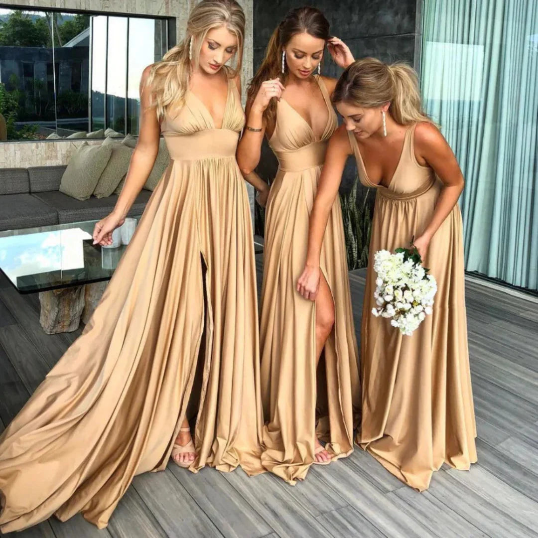 Elegantes Damenkleid mit V-Ausschnitt und Schlitz | Maxi