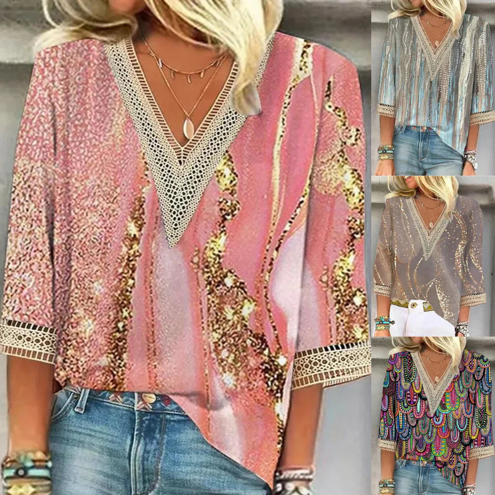 Bedrucktes V-Ausschnitt Boho-Stil Oberteil für Damen | Schick