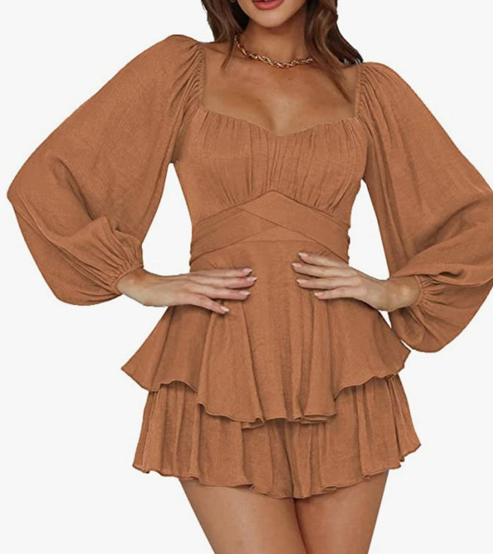 Mini-Robe Femme Évasée – Manches Bouffantes, Encolure Carrée et Coupe Cintrée