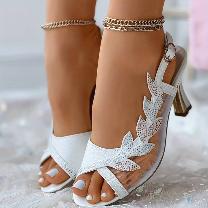 Sandales Élégantes Femme – Talon Haut Transparent – Design Feuilles Strass & Bride Ajustable