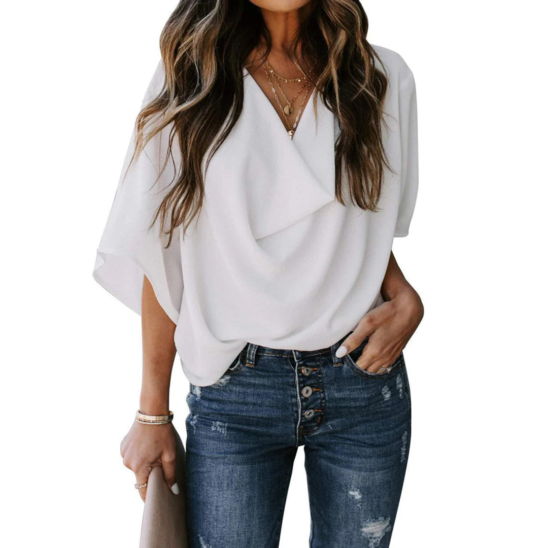 Blouse femme fluide rose – Haut chic à col drapé et manches chauve-souris, style décontracté élégant
