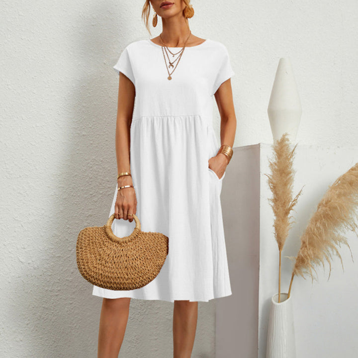 Robe Blanche Femme – Coupe Évasée – Style Bohème Chic – Manches Courtes & Poches Pratiques