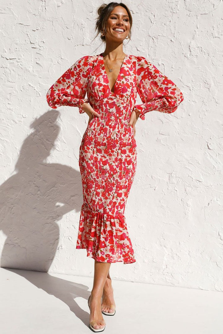 Robe Midi Fleurie Femme – Manches Longues Bouffantes, Taille Smockée et Bas Volanté