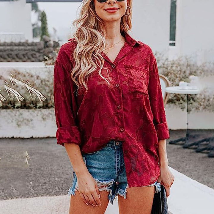 Chemise noire femme transparente – Blouse légère à manches longues, col chemise, boutonnée