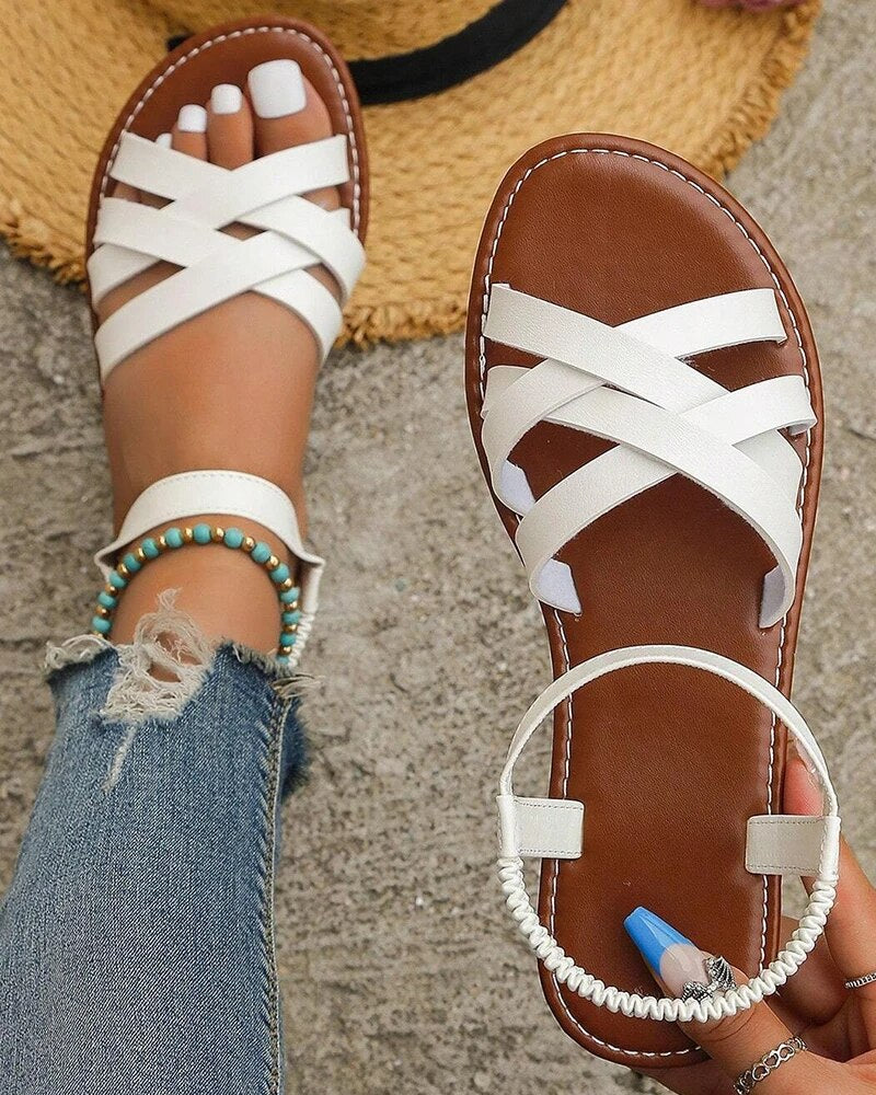 Sandales Plates Femme – Lanières Croisées – Bride Élastique – Style Estival Décontracté
