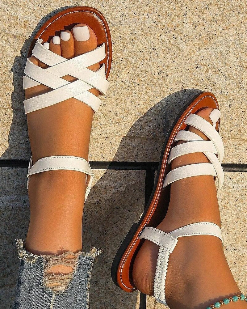 Sandales Plates Femme – Lanières Croisées – Bride Élastique – Style Estival Décontracté