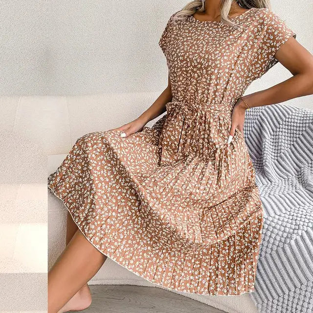 Robe Mi-Longue Plissée à Imprimé Fleuri – Style Bohème Chic avec Ceinture Taille