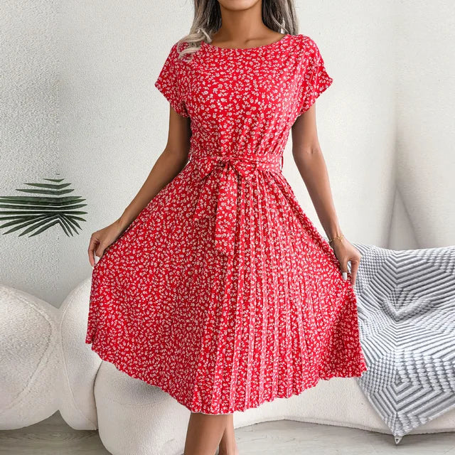 Robe Mi-Longue Plissée à Imprimé Fleuri – Style Bohème Chic avec Ceinture Taille