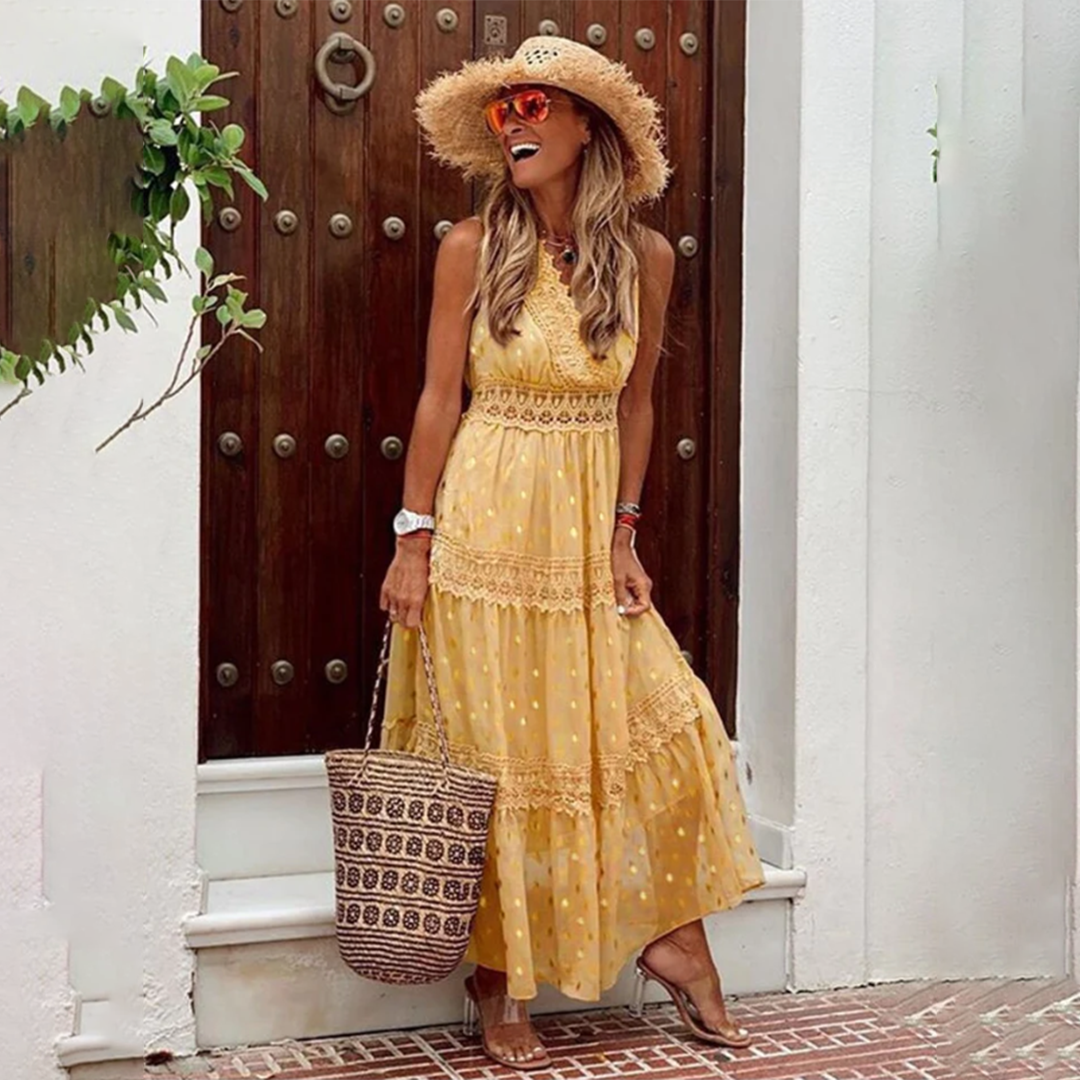Robe Maxi Bohème Femme – Bretelles Dentelle & Jupe Longue à Volants – Parfaite pour l’Été