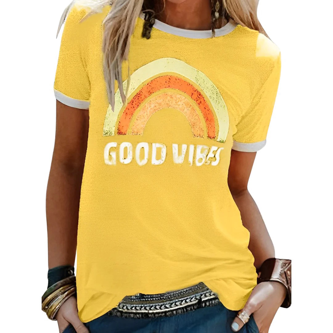 T-shirt femme imprimé rétro – Slogan "Good Vibes", coupe décontractée, col rond