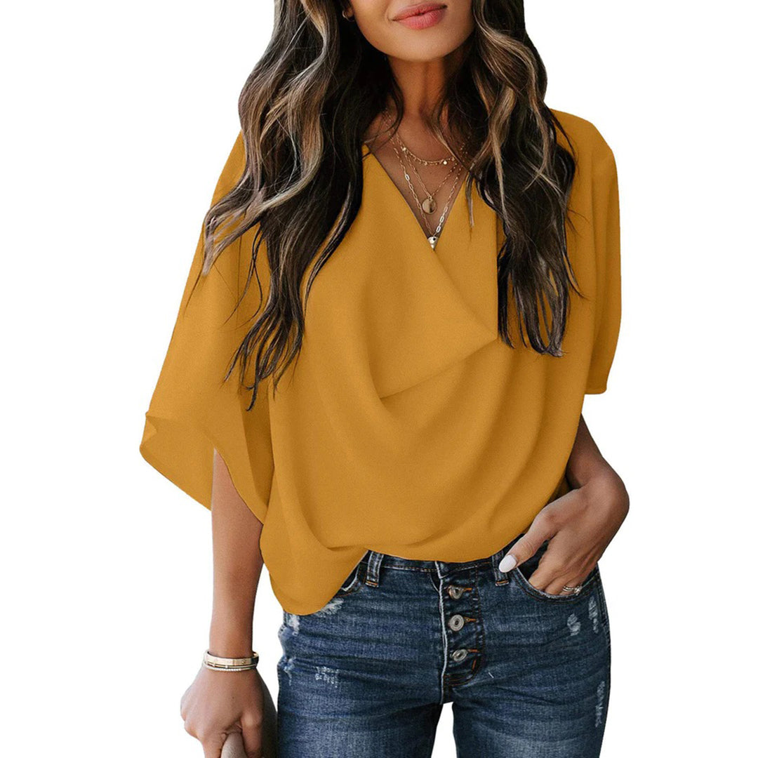 Blouse femme fluide rose – Haut chic à col drapé et manches chauve-souris, style décontracté élégant