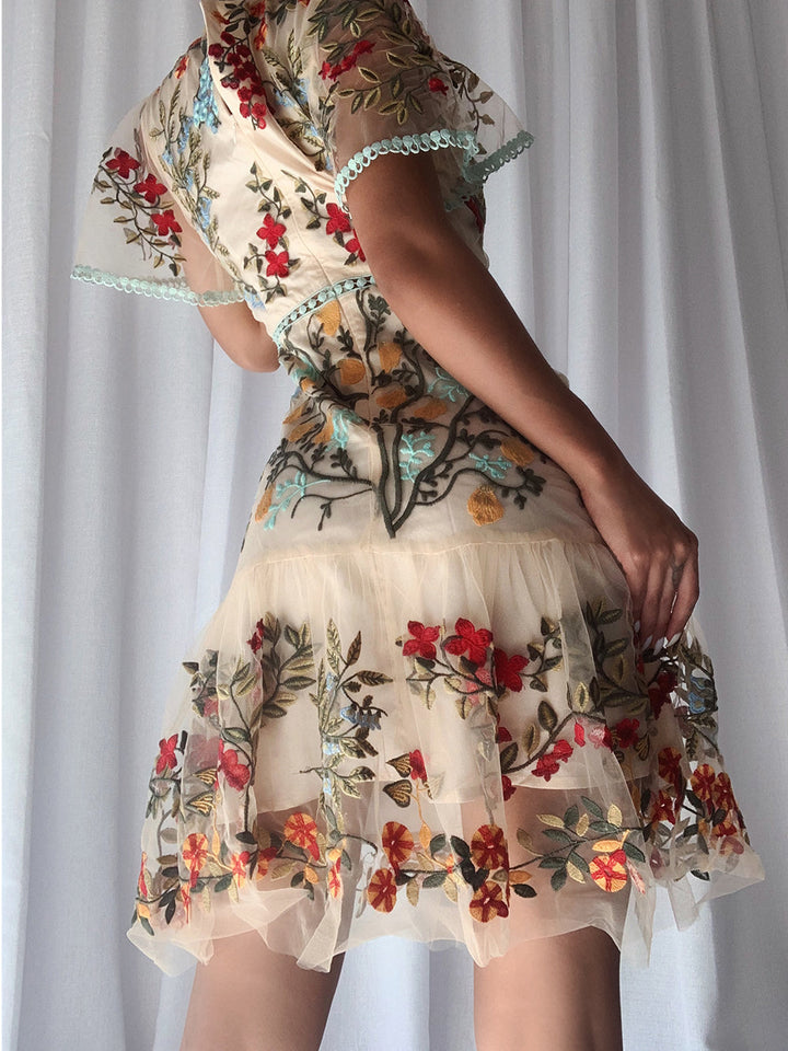 Robe Courte Transparente Brodée – Tulle Fleuri, Détails en Dentelle et Manches Papillon