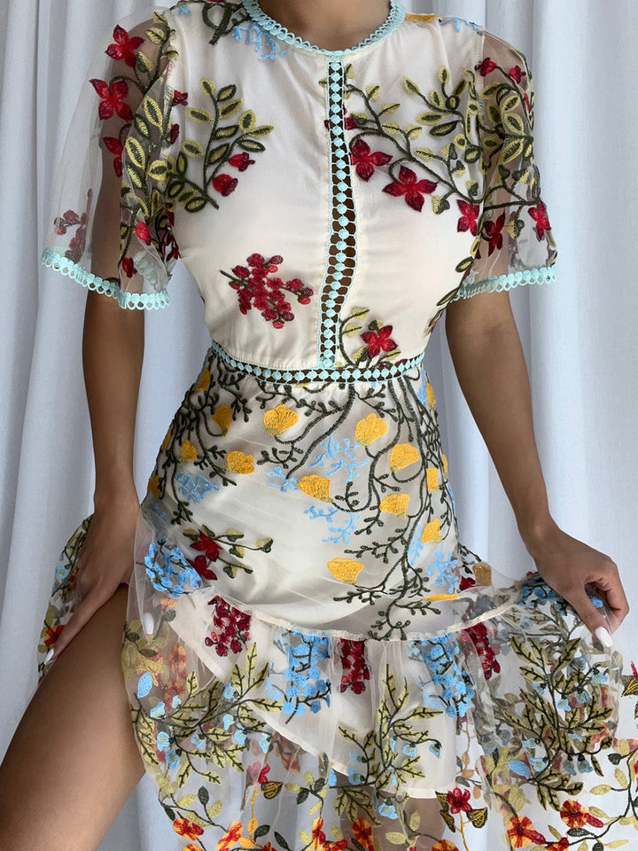 Robe Courte Transparente Brodée – Tulle Fleuri, Détails en Dentelle et Manches Papillon