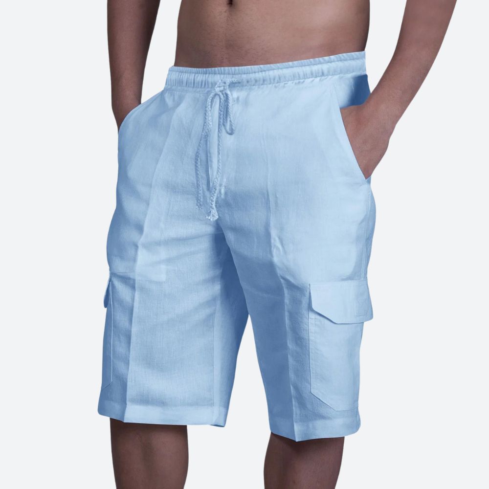 Short Cargo Homme en Lin Léger avec Taille Élastique et Poches Latérales