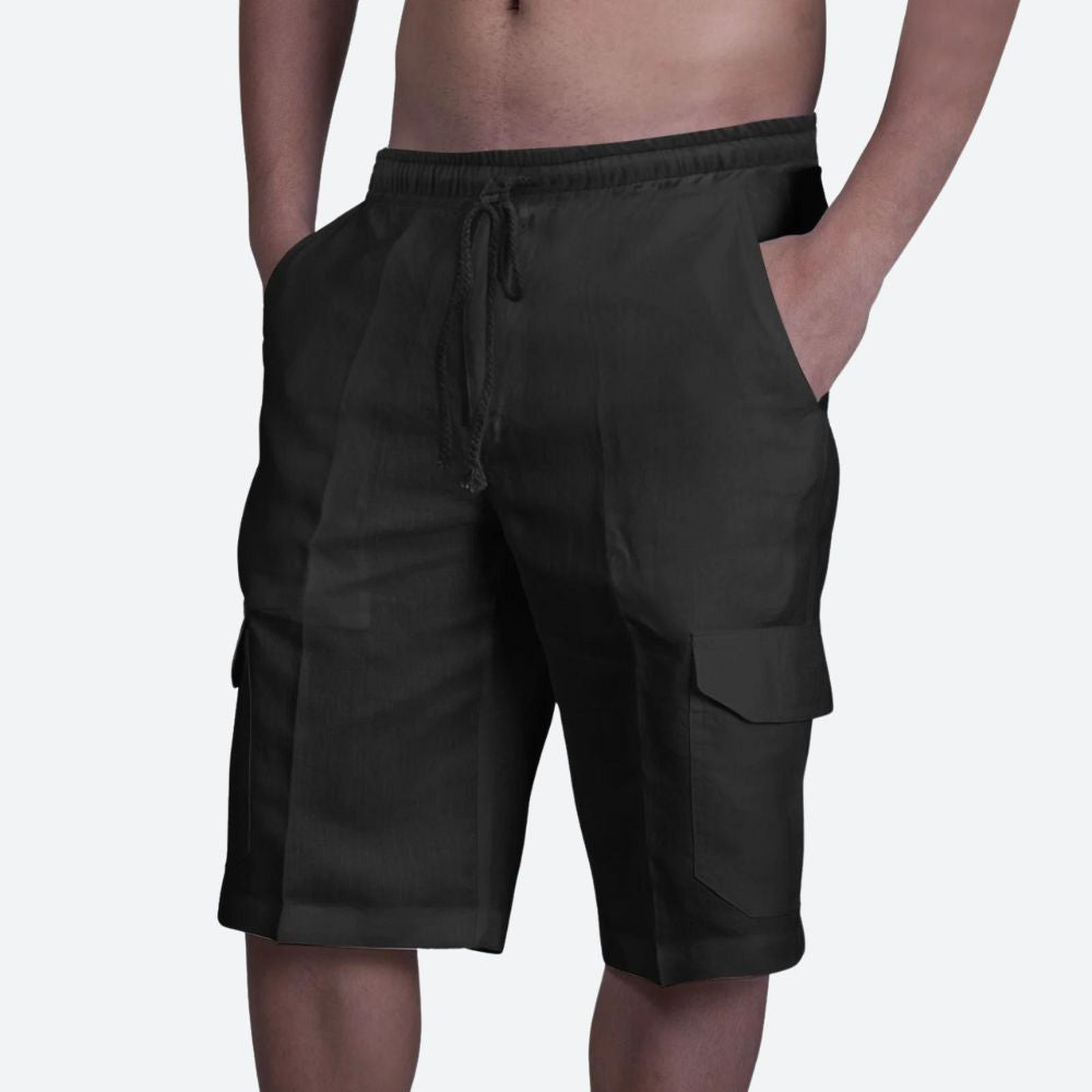 Short Cargo Homme en Lin Léger avec Taille Élastique et Poches Latérales