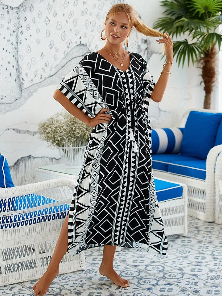 Robe Longue Bohème Femme – Kaftan Fluide à Imprimé Graphique Ethnique et Ceinture Ajustable