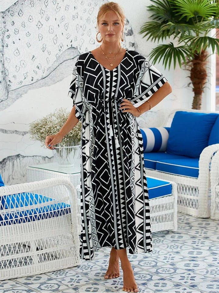 Robe Longue Bohème Femme – Kaftan Fluide à Imprimé Graphique Ethnique et Ceinture Ajustable
