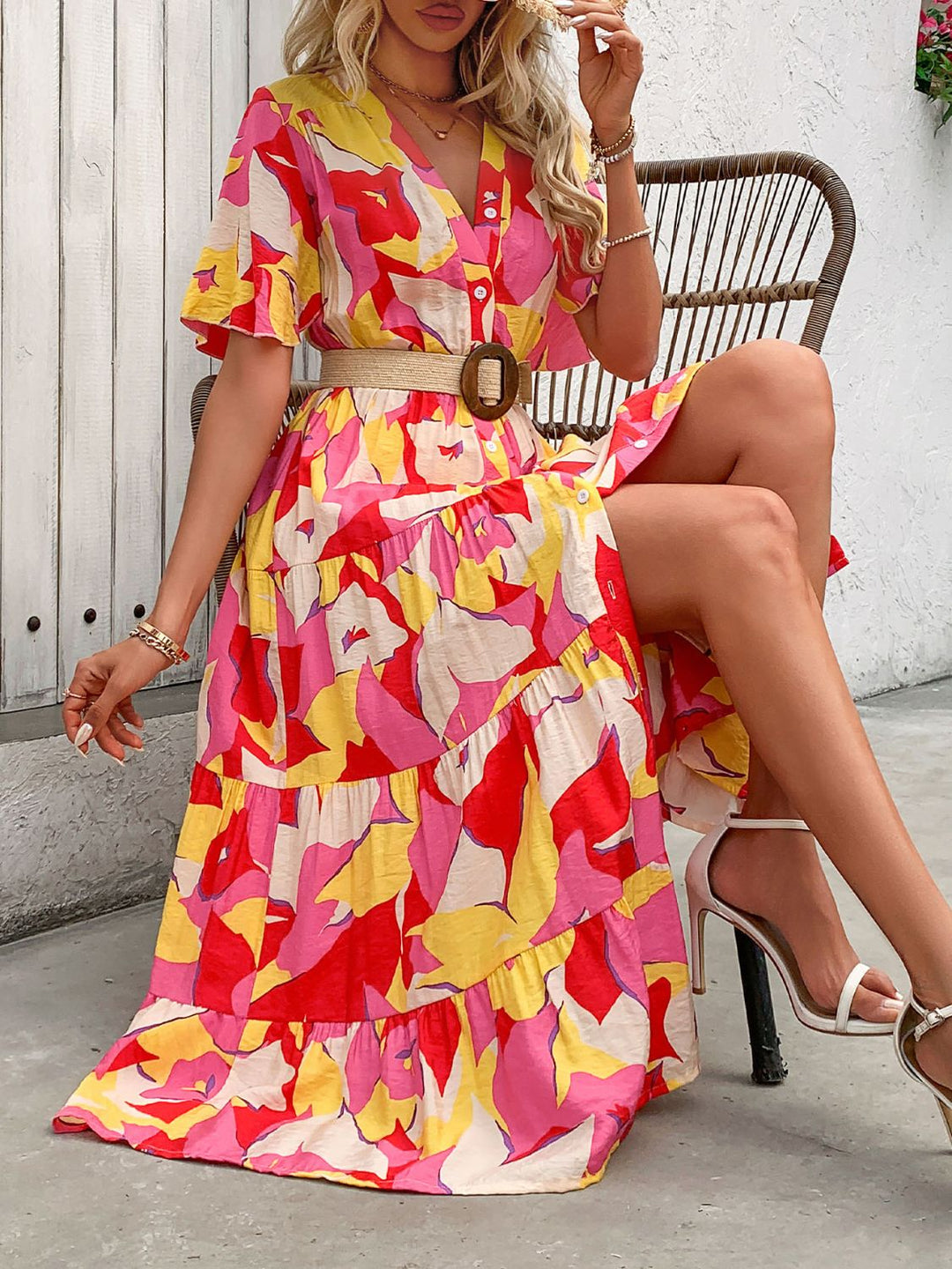 Robe Midi Fleurie Femme – Boutonnée, Ceinturée à Taille Haute avec Manches Courtes