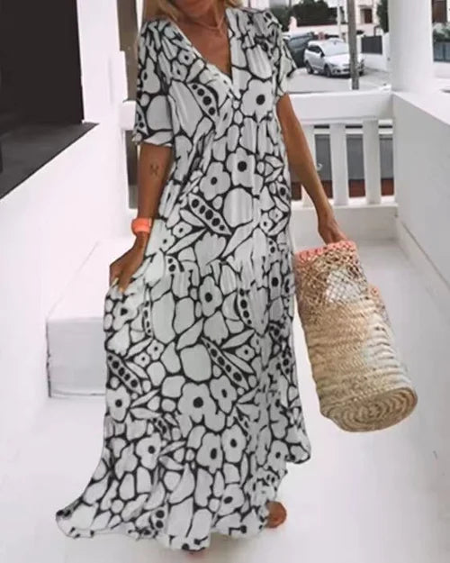 Robe Longue Bohème à Imprimé Floral – Élégance Décontractée pour Été, Vacances et Bord de Mer
